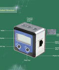 Top Tier Digital Angle Gauge With Slick Rotating Shaft And Bullseye Zero Point One Degree Resolution featuring LCD display and magnetic sheet.
