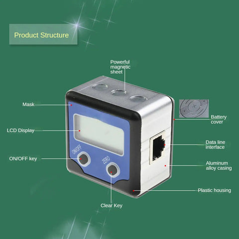 Top Tier Digital Angle Gauge With Slick Rotating Shaft And Bullseye Zero Point One Degree Resolution featuring LCD display and magnetic sheet.