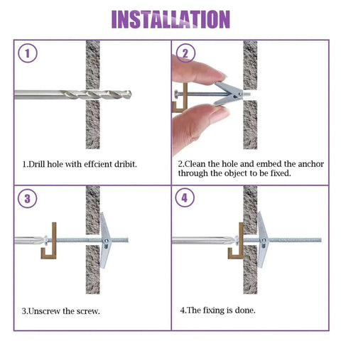Heavy Duty Hollow Wall Anchors Kit for Drywall With Carbon Steel Toggle Bolts and Wing Nuts, 72-Piece drilling and fixing steps
