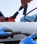 Hands connecting the 7 In 1 Solar Panel Adapter Kit With 3.6 Foot MC4 and DC 8mm Cable, XT60 Anderson Connectors. Close-up view.