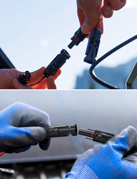 Hands connecting the 7 In 1 Solar Panel Adapter Kit With 3.6 Foot MC4 and DC 8mm Cable, XT60 Anderson Connectors. Close-up view.