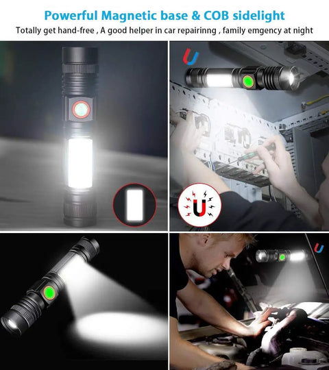 Ultra Bright USB Rechargeable Magnetic LED Flashlight With COB Sidelight used in car repair and emergency situations