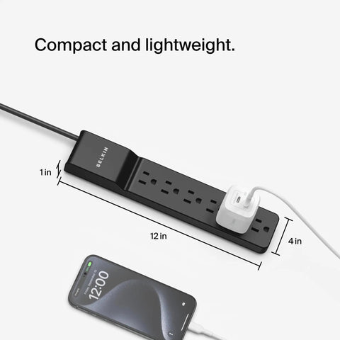 Six Outlet Surge Protector Power Strip With Six Foot Long Heavy Duty Extension Cord 360 Degree Rotating Plug And 600 Joules.