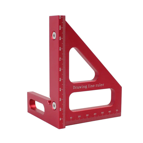 Red 3D Multi Angle Measuring Ruler For Woodworking And Carpentry, 45 And 90 Degree Aluminum Alloy Square Protractor on white background.