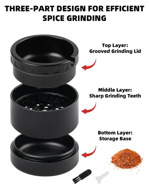 2.5 Inch Aluminum Spice Grinder Three Piece Three Stage With Top Storage Anti Jam Teeth Large Bottom Chamber Texture Control
