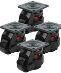 Built Different Heavy Duty Level Adjustable Roller Casters, 1100 Lb Capacity Machine Movers. Four black wheel casters with gray plates.