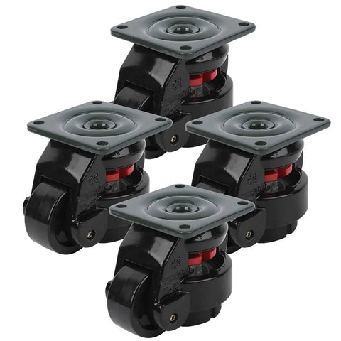 Built Different Heavy Duty Level Adjustable Roller Casters, 1100 Lb Capacity Machine Movers. Four black wheel casters with gray plates.