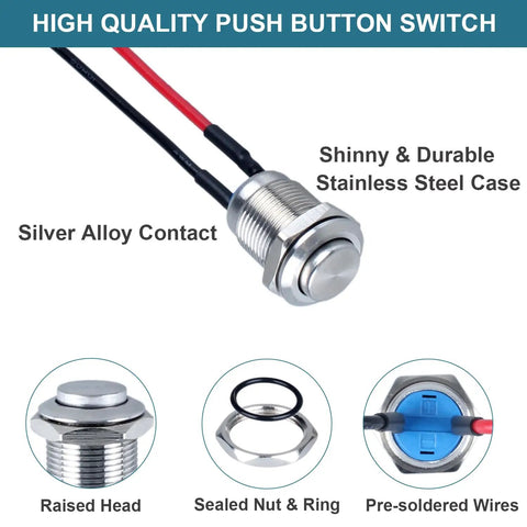 5 Pack 12mm Momentary Push Button Switch 1NO Normally Open Waterproof IP66 Stainless Steel Case With Pre Soldered Cable, raised head