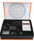 Top Shelf Optics Lens And Prism Set For School Physics Labs Featuring Concave Convex Lenses Plane Mirror Pinhole Rig And Light Pen for STEM with a circular protractor.