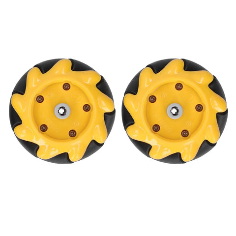 Two Vomeko 60mm mecanum wheels with yellow sun-shaped centers on black rims for omnidirectional robot cars, front view