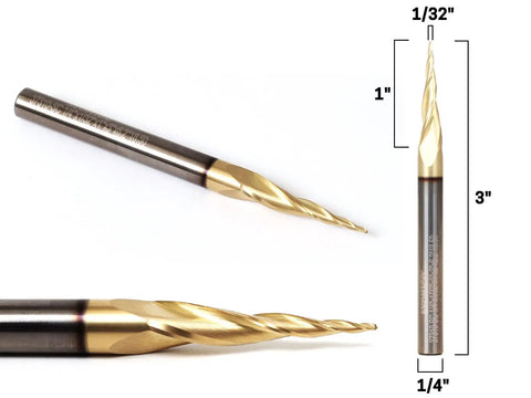 Tapered Endmill Ball Nose Router Bits Set for CNC Engraving Pro Grade Solid Carbide Spiral Cutters with 1 Quarter Inch Shank 1 Inch Cutting Length Includes 3 and 4 Flute Bits Multi Axis Carving ZRN Coated