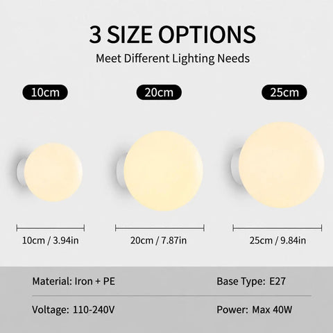 Three size options of Minimalist Globe Wall Sconce, 1-Light White E27 Round Wall Light Fixture in 10cm, 20cm, and 25cm.