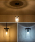 Industrial Mini Pendant Light Set With Bubble Seeded Glass Hanging Light Fixture For Kitchen Island Over Sink And Dining Room, Black Finish, 3-Pack Bundle, lit view showing glow effect