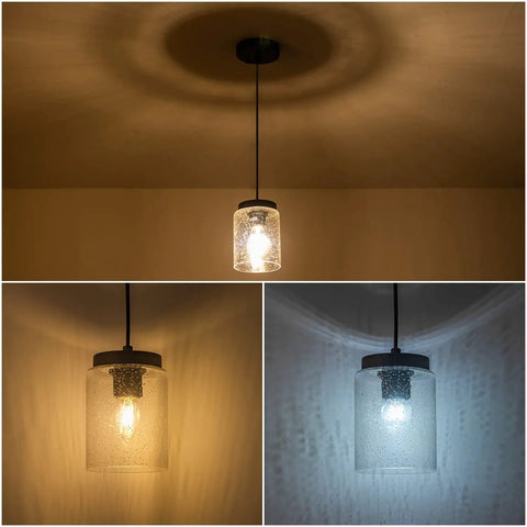 Industrial Mini Pendant Light Set With Bubble Seeded Glass Hanging Light Fixture For Kitchen Island Over Sink And Dining Room, Black Finish, 3-Pack Bundle, lit view showing glow effect