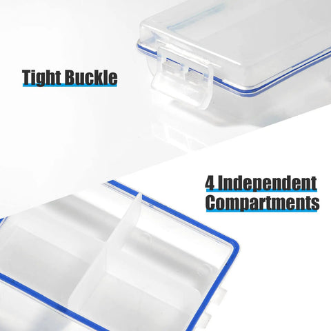 4 Pack Mini Waterproof Tackle Box Organizer For Fly Fishing, showing tight buckle and 4 independent compartments, compact fly box.