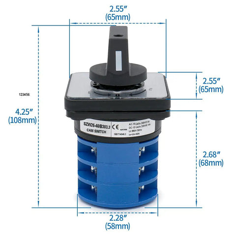 Three Position Momentary Rotary Cam Switch With Auto Reset Center 0 For Motor Reversing And Inching, 65mm faceplate, 40A 660V