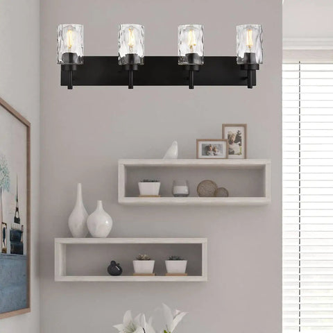 Four Light Modern Farmhouse Vanity Light with Clear Hammered Glass Shades in Black Finish over bathroom shelving area.