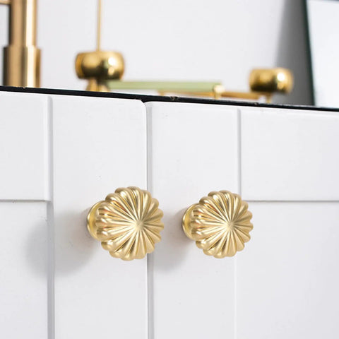 12 Pack Vintage Brushed Gold Cabinet Knobs Set For Kitchen Dresser And Wardrobe, Solid Zinc Alloy Hardware Pulls, Elegant Brushed Finish, An Easy Upgrade For Your Cabinets And Furniture, Elevate Home Decor: round gold knobs on white cabinet front