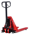 Heavy Duty Manual Scissor Pallet Jack Truck With A Breezy 3300 Pound Lift Capacity And Straight Forward Hydraulic Pump, red color, visible forks and wheels.