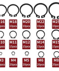 Heavy Duty Snap Ring Kit With 225 Quality Circlips covering M3 to M25 sizes, black alloy steel circlips arranged by size.