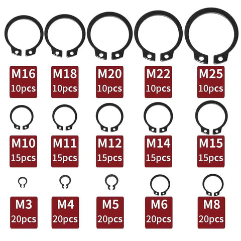 Heavy Duty Snap Ring Kit With 225 Quality Circlips covering M3 to M25 sizes, black alloy steel circlips arranged by size.