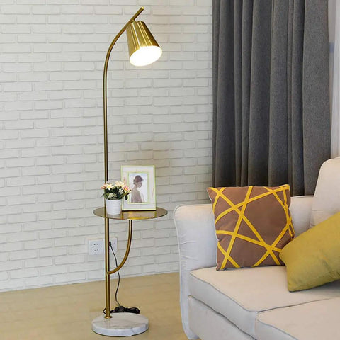Brushed Antique Brass Floor Lamp With Built In Table Adjustable Reading And Office Light E26 Base Slim Modern Design