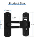 Sliding Barn Door Lock With 90 Degree Flip And 360 Degree Rotation, front view showing dimensions, heavy duty black metal finish.