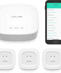 Smart Home Starter Kit With Hub And Three Water Leak Sensors, LoRa Range Up To One Quarter Mile Open Air, SMS Text Email And Push Alerts, Works With Alexa IFTTT And Home Assistant, Plug And Play Setup displayed with app interface