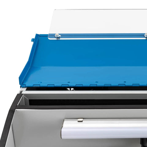 Pro Level Jewelry Bench Polisher Featuring A Beefy 200 Watt Motor Cranking 10000 Rpm With Foolproof Speed Lever integrated dust catcher and LED lamp view showing blue lid.
