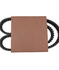 Close-up of RE28721 Drive Belt For John Deere Gator 4X2, belt coiled partially wrapped in paper, showcasing toothed edges.