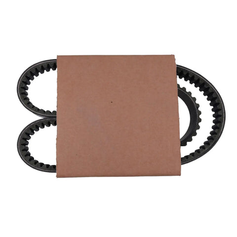 Close-up of RE28721 Drive Belt For John Deere Gator 4X2, belt coiled partially wrapped in paper, showcasing toothed edges.