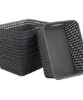 Pack Of Six Gray Plastic Storage Baskets, Durable Stackable Organizer Bins, 10.03 In By 7.59 In By 4.09 In, showing a side view
