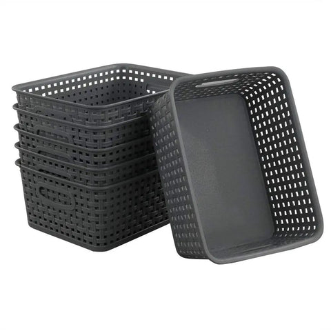Pack Of Six Gray Plastic Storage Baskets, Durable Stackable Organizer Bins, 10.03 In By 7.59 In By 4.09 In, showing a side view