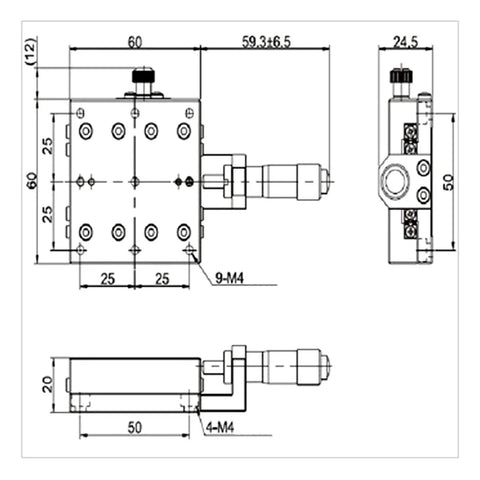 Technical diagram of Micrometer Fine Tuning Cross Roller Linear Stage For Rock Solid X Axis Travel 60x60mm Aluminum Translation Table