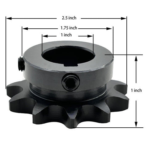 Beefed Up 50B11 Type B Roller Chain Sprocket, 1 Inch Bore, 11 Teeth, Five Eighths Inch Pitch, ANSI 50 Chain, Hardened 1045 Carbon Steel, HRC 38-42, Anti Rust Drive Sprocket With One Quarter By One Eighth Keyway And Two Set Screws At Ninety Degrees