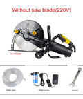 Heavy Duty 6800W Electric Circular Saw Offers Multi-Function Angle Adjustments for precision cuts without a blade, showing details of tool and accessories.