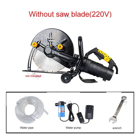 Heavy Duty 6800W Electric Circular Saw Offers Multi-Function Angle Adjustments for precision cuts without a blade, showing details of tool and accessories.