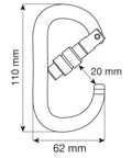 Diagram of Oval XL Lock Carabiner With Locking Gate, Silver Red Finish, Heavy Duty Aluminum Construction, dimensions labeled
