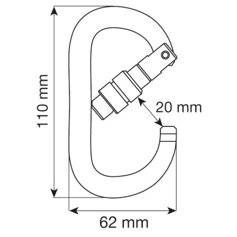 Diagram of Oval XL Lock Carabiner With Locking Gate, Silver Red Finish, Heavy Duty Aluminum Construction, dimensions labeled