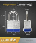 Heavy Duty Laminated Steel Padlock Pack Of Forty Eight Keyed Alike One And Nine Sixteenths Inch Wide Normal Shackle With Blue Plastic Hoop For Bulk Security And Storage, front and side view with dimensions