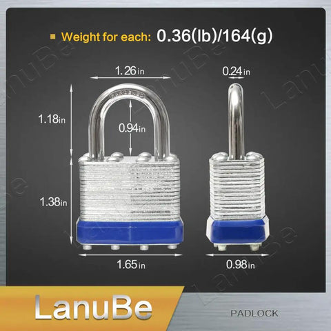 Heavy Duty Laminated Steel Padlock Pack Of Forty Eight Keyed Alike One And Nine Sixteenths Inch Wide Normal Shackle With Blue Plastic Hoop For Bulk Security And Storage, front and side view with dimensions