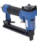 Rock Solid Pneumatic Brad Nailer And Rugged Aluminum Alloy Air Stapler, blue and black, for woodworking and cabinet repairs.