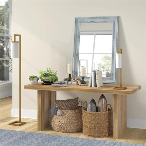 Tall Floor Lamp With Glass Milk Shade In Brass Finish, Stands At 67.75 Inches Tall next to wooden table and mirror in living room
