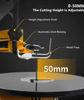 Close-up of Slick 16 Inch Scroll Saw For Woodworking showing adjustable cutting height from 0-50mm with metal press.