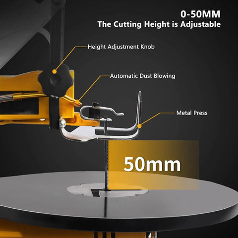 Close-up of Slick 16 Inch Scroll Saw For Woodworking showing adjustable cutting height from 0-50mm with metal press.