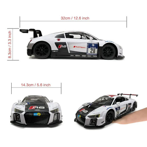 Audi R8 LMS Style Remote Control Car 1 14 Scale High Speed RC Toy For Adults Kids Full Function Forward Reverse Left Right On Flat Surfaces Officially Licensed By Audi AG shown from side, front, and angled views with dimensions.