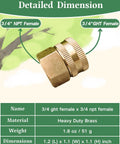 3/4 NPT To Garden Hose Adapter Swivel Connector Brass 3/4 GHT Female To 3/4 NPT Female With Washer No-Fuss Leak-Free Water Hose Fittings For Irrigation And Outdoor Faucets 2 Pack, brass adapter dimensions