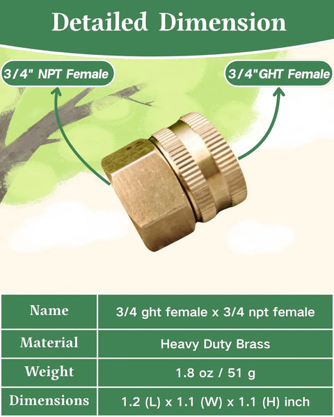 3/4 NPT To Garden Hose Adapter Swivel Connector Brass 3/4 GHT Female To 3/4 NPT Female With Washer No-Fuss Leak-Free Water Hose Fittings For Irrigation And Outdoor Faucets 2 Pack, brass adapter dimensions