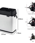 Heavy Gauge Stainless Steel Electric Portafilter Cleaner With Built In Knock Box And Scraper Blades for professional baristas, dimensions 258mm x 197mm.