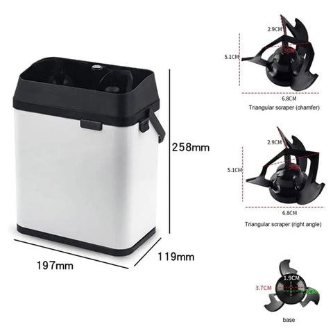 Heavy Gauge Stainless Steel Electric Portafilter Cleaner With Built In Knock Box And Scraper Blades for professional baristas, dimensions 258mm x 197mm.